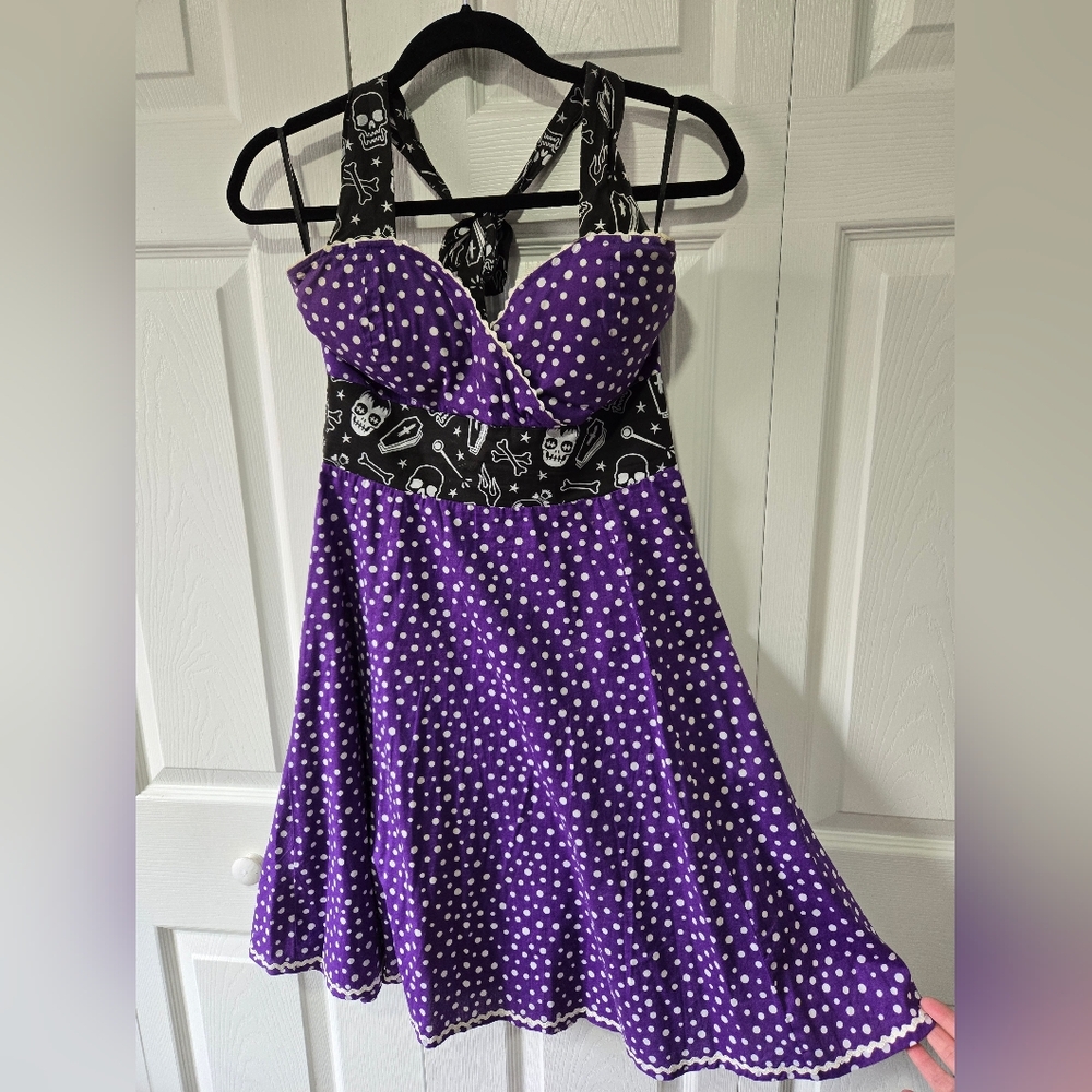 SourPuss Purple Polka Dot Dress Skulls And Coffins L